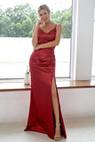 Burgundy Sheath V Neck Satin Long Bridesmaid Dress With Split