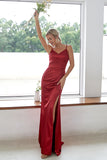 Burgundy Sheath V Neck Satin Long Bridesmaid Dress With Split
