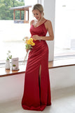 Burgundy Sheath V Neck Satin Long Bridesmaid Dress With Split