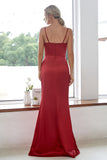 Burgundy Sheath V Neck Satin Long Bridesmaid Dress With Split