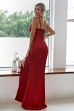 Burgundy Sheath V Neck Satin Long Bridesmaid Dress With Split