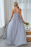 Silver A-Line V Neck Chiffon Long Bridesmaid Dress