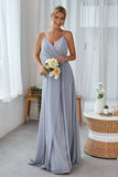 Silver A-Line V Neck Chiffon Long Bridesmaid Dress