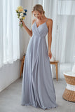 Silver A-Line V Neck Chiffon Long Bridesmaid Dress
