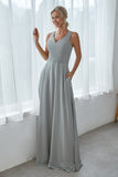 Silver A Line Chiffon Long Bridesmaid Dress With Pockets