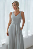 Silver A Line Chiffon Long Bridesmaid Dress With Pockets