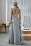 Silver A Line Chiffon Long Bridesmaid Dress With Pockets