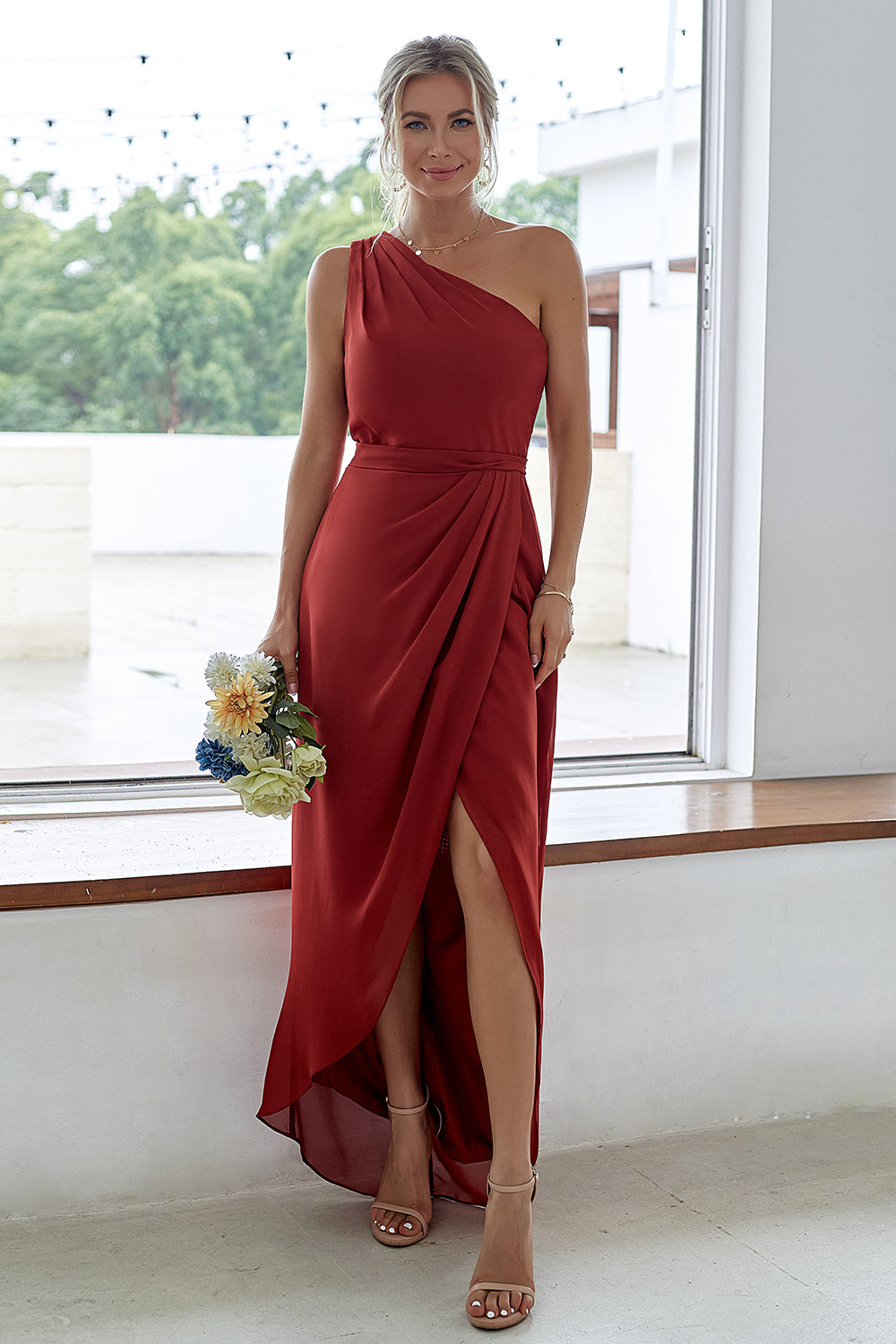 rust satin one shoulder dress Rust Orange Satin One-Shoulder Midi Dress | Womens | XX-Small (Available in XS, S, M, L, XL) | 100% Polyester
