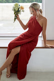 Rust One Shoulder Satin Long Asymmetrical Bridesmaid Dress