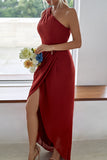 Rust One Shoulder Satin Long Asymmetrical Bridesmaid Dress
