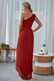 Rust One Shoulder Satin Long Asymmetrical Bridesmaid Dress