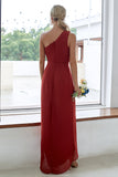 Rust One Shoulder Satin Long Asymmetrical Bridesmaid Dress