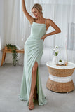 Mint Green Open Back Sheath Long Bridesmaid Dress With Split