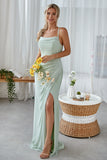 Mint Green Open Back Sheath Long Bridesmaid Dress With Split