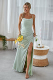 Mint Green Open Back Sheath Long Bridesmaid Dress With Split