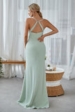 Mint Green Open Back Sheath Long Bridesmaid Dress With Split