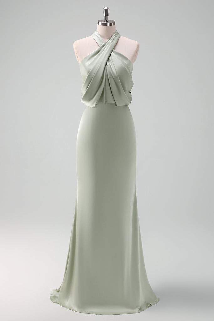 Dusty Sage Off the Shoulder Sheath Chiffon Pleated Long Bridesmaid Dress