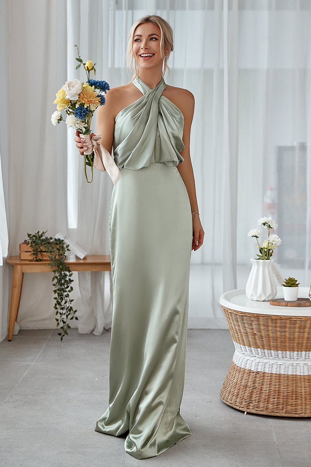 Leely Women Dusty Sage Long Bridesmaid Dress Halter Sheath Satin