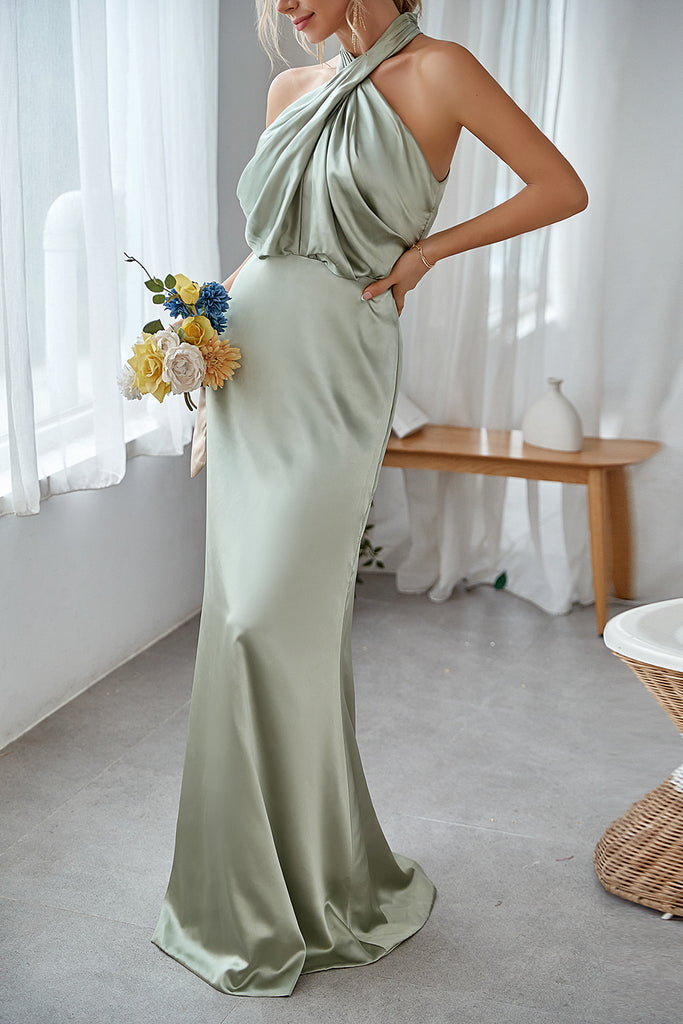 Leely Women Dusty Sage Long Bridesmaid Dress Halter Sheath Satin Formal