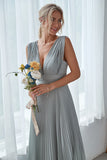 Dolphin Grey A Line V Neck Pleated Long Bridesmaid Dress