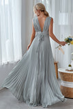 Dolphin Grey A Line V Neck Pleated Long Bridesmaid Dress