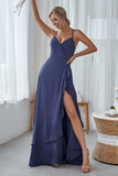 Slate Blue A Line Ruffles Long Bridesmaid Dress With Split
