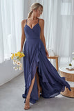 Slate Blue A Line Ruffles Long Bridesmaid Dress With Split