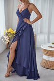 Slate Blue A Line Ruffles Long Bridesmaid Dress With Split