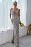 Silver Sheath Cowl Neck Velvet Long Bridesmaid Dress