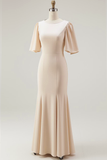 Mermaid Champagne Satin Long Bridesmaid Dress with Sleeves