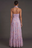 Lilac Floral A Line Halter Neck Embroidered Long Formal Dress