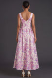 Lilac Floral A Line Square Neck Long Formal Dress with Pockets