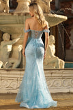 Sparkly Blue Mermaid Corset Off the Shoulder Long Prom Dress with Slit