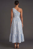 Blue Floral Jacquard A Line One Shoulder Long Formal Dress