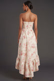 White Pink Floral Ruffled Strapless Backless High Low Formal Dress