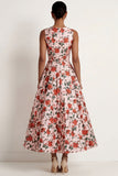 A Line Pink Red Floral Round Neck Long Formal Dress