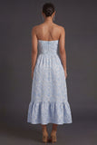 Jacquard Blue Floral A Line Backless Long Formal Dress