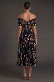Black Floral A Line Embroidered Off the Shoulder Long Formal Dress