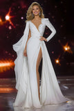 White Mermaid Long Sleeves Red Carpet Dress with Slit