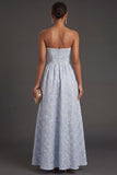Blue Jacquard A Line Strapless Floral Long Formal Dress