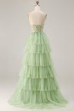 Sparkly Floral Green Tiered Beaded Long Corset Prom Dress with Ruffles