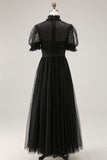 Black Long  High Neck A Line Evening Party Dress with Sleeves