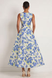 A Line Blue Daffodil Floral Round Neck Sleeveless Long Formal Dress