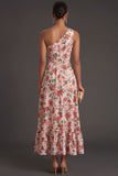 Pink Red Floral One Shoulder A Line Long Formal Dress