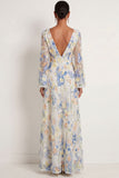 Light Blue A Line Floral Appliqued V Neck Flutter Sleeves Long Wedding Guest Dress