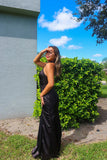 Black Satin Halter Sheath Backless Long Formal Dress with Slit