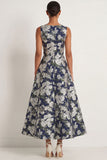 Floral Navy A Line Round Neck Long Formal Dress