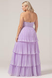 Plus Size Lilac Sweetheart A Line Tiered Strapless Long Bridesmaid Dress