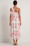 White Fuchsia Floral A Line One Shoulder Long Formal Dress
