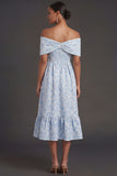 Blue Jacquard A Line Off the Shoulder Floral Long Formal Dress